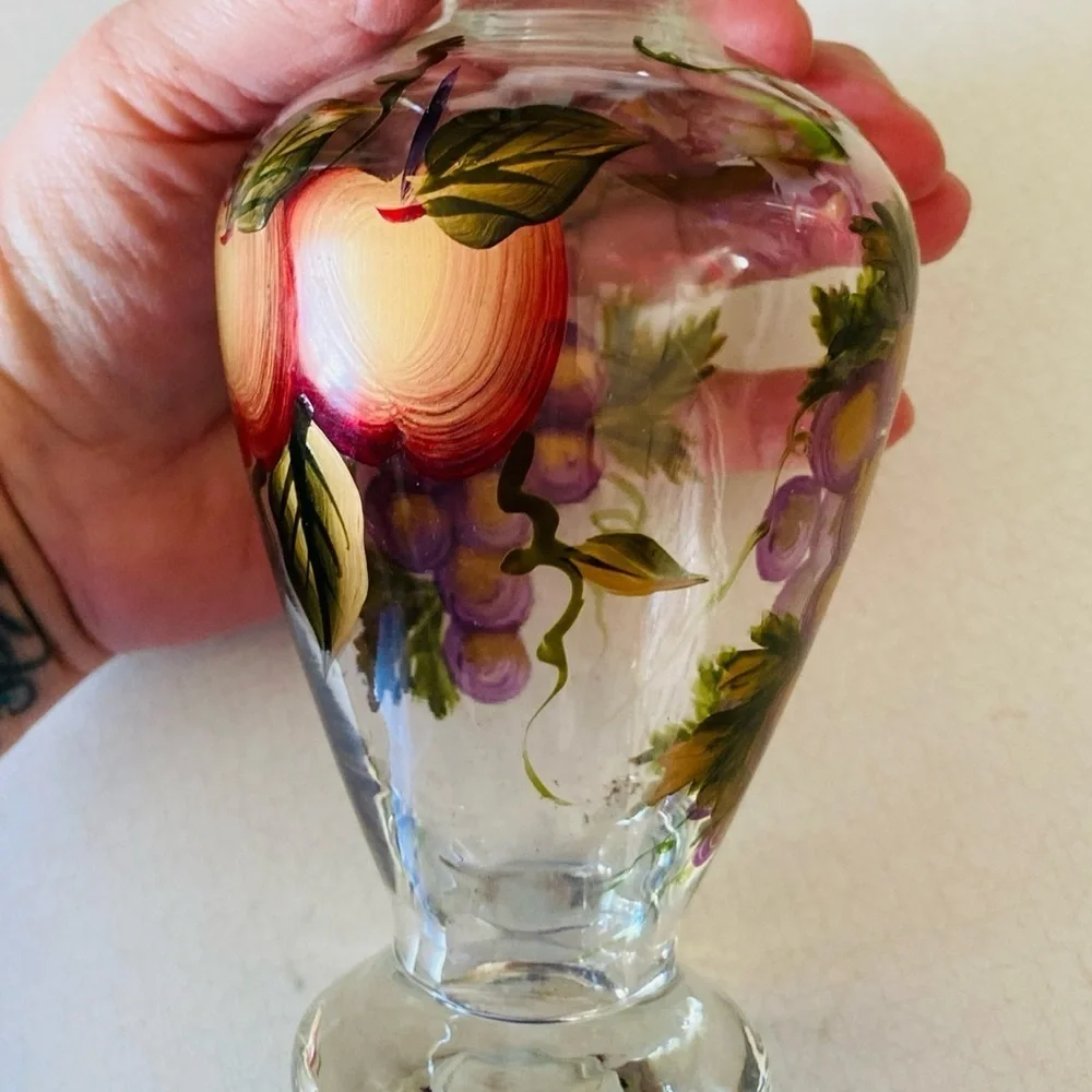 Vintage hand painted apples and grapes glass vase.